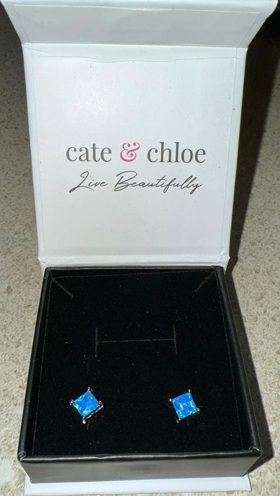 Customer photo review of Amphitrite 18k White Gold Plated Stud Earrings with Princess Cut Opal Stones