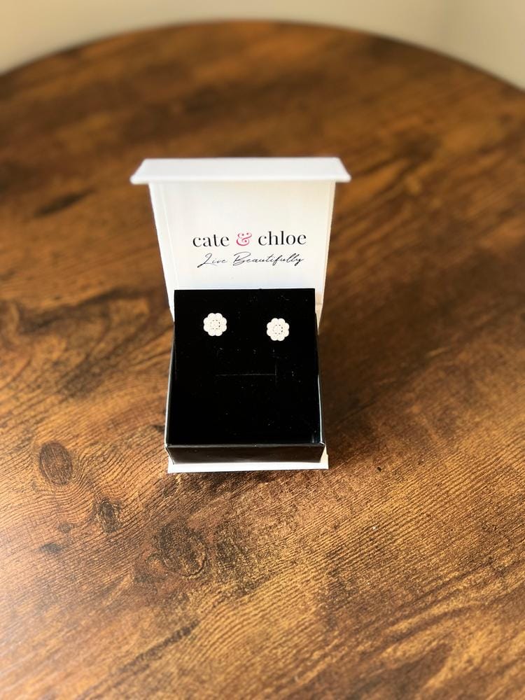 Customer photo review of Alyssa 18k White Gold Plated Flower Stud Earrings with Simulated Diamond Crystals