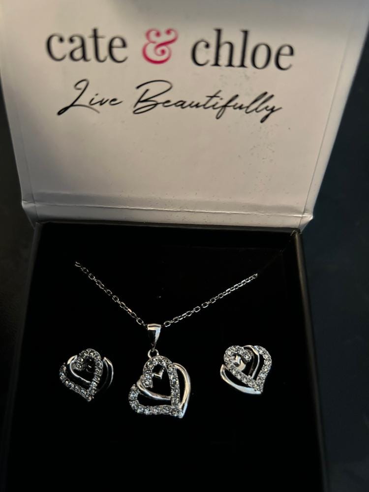 Customer photo review of Angela 18k White Gold Plated Double Heart Stud Earrings and Necklace Set with Swarovski Crystals