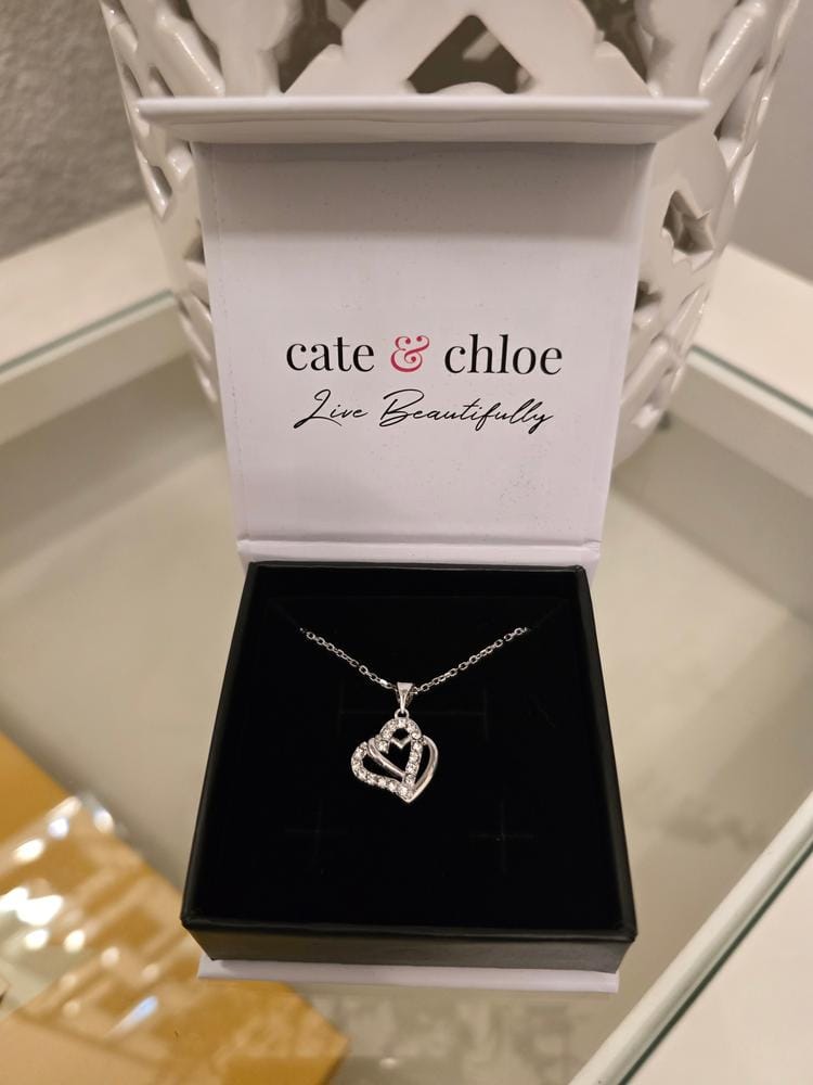 Customer photo review of Angela 18k White Gold Plated Silver Double Heart Necklace with Swarovski Crystals