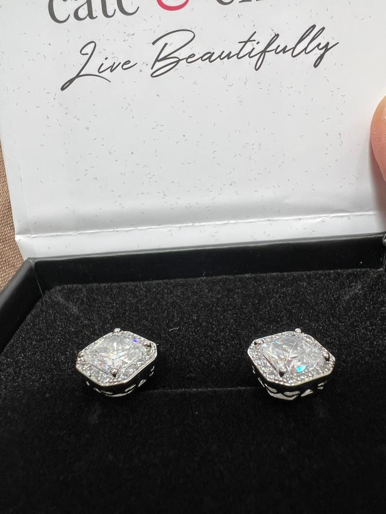 Customer photo review of Estelle 18k White Gold Plated Halo Stud Earrings with Simulated Diamond Crystals