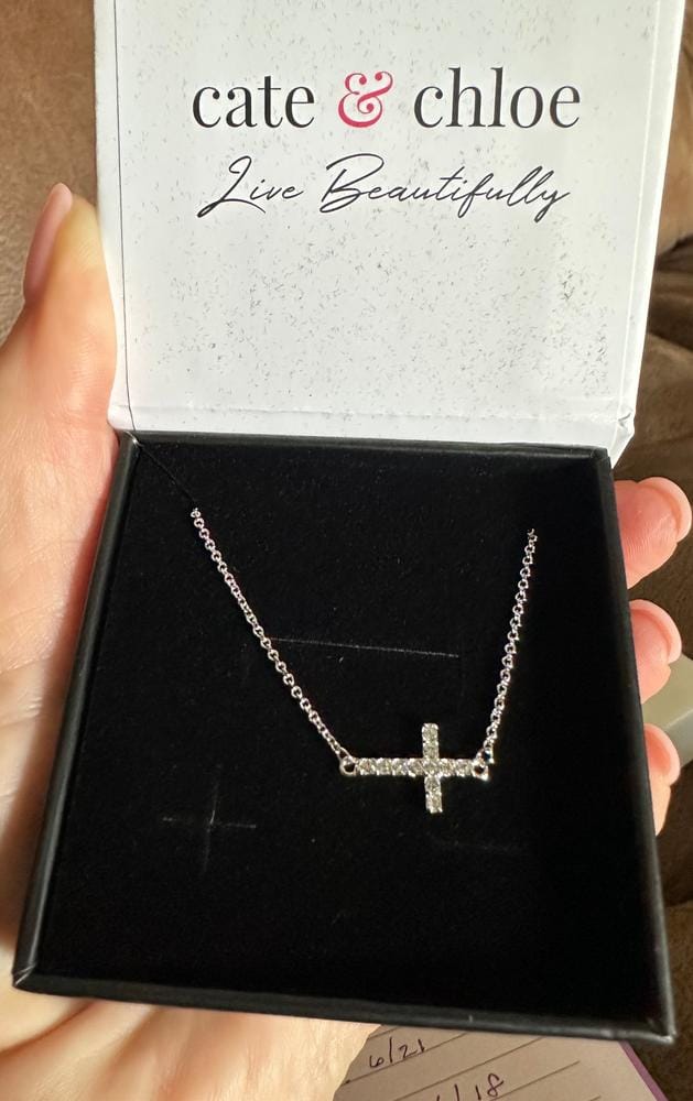 Customer photo review of Joy 18k White Gold Plated Cross Pendant Necklace with Swarovski Crystals