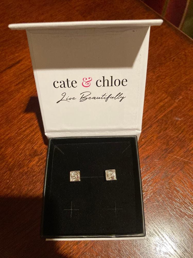 Customer photo review of Brooke 18k White Gold Plated Stud Earrings with Princess Cut Swarovski Crystals