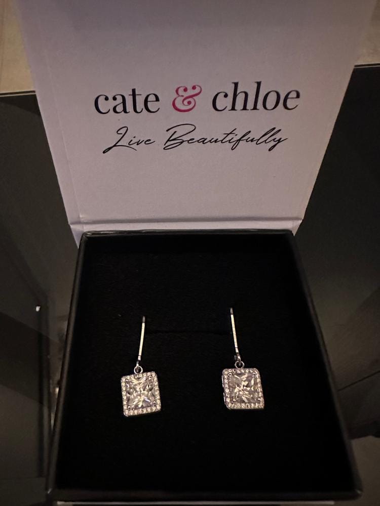 Customer photo review of Maeve 18k White Gold Plated Drop Dangle Halo Earrings with Simulated Diamond Crystals