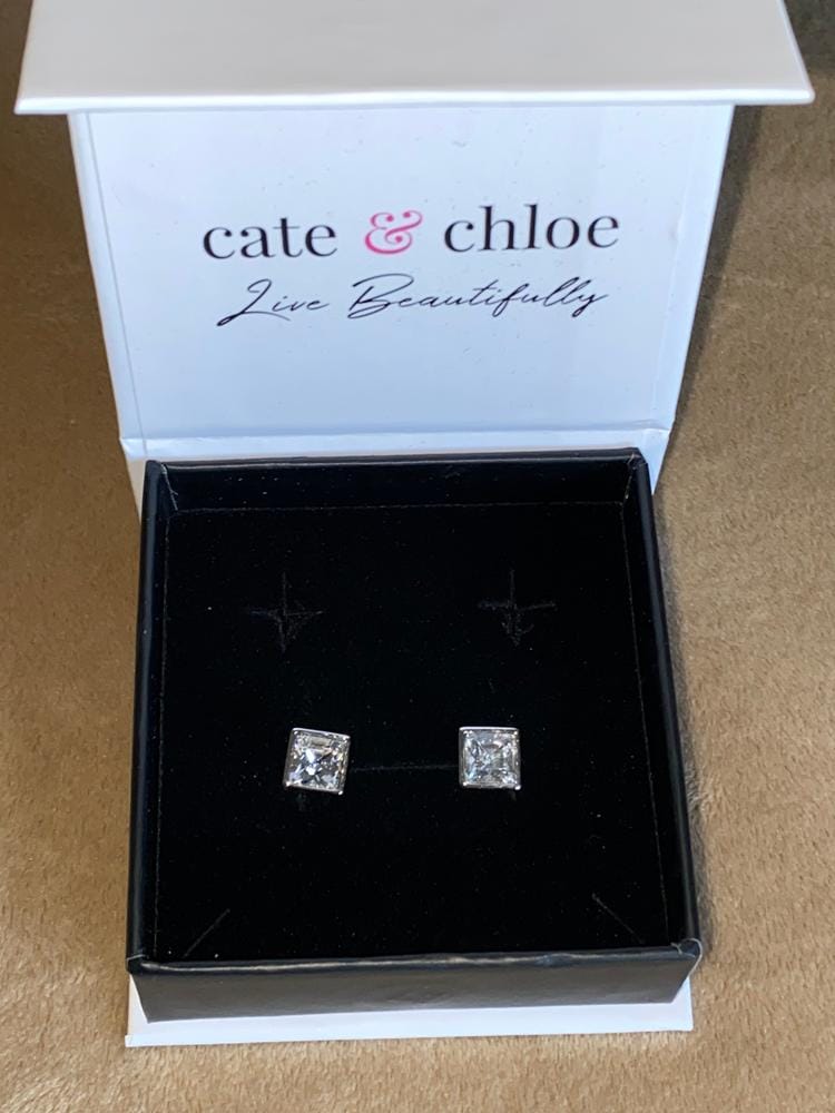 Customer photo review of Brooke 18k White Gold Plated Stud Earrings with Princess Cut Swarovski Crystals