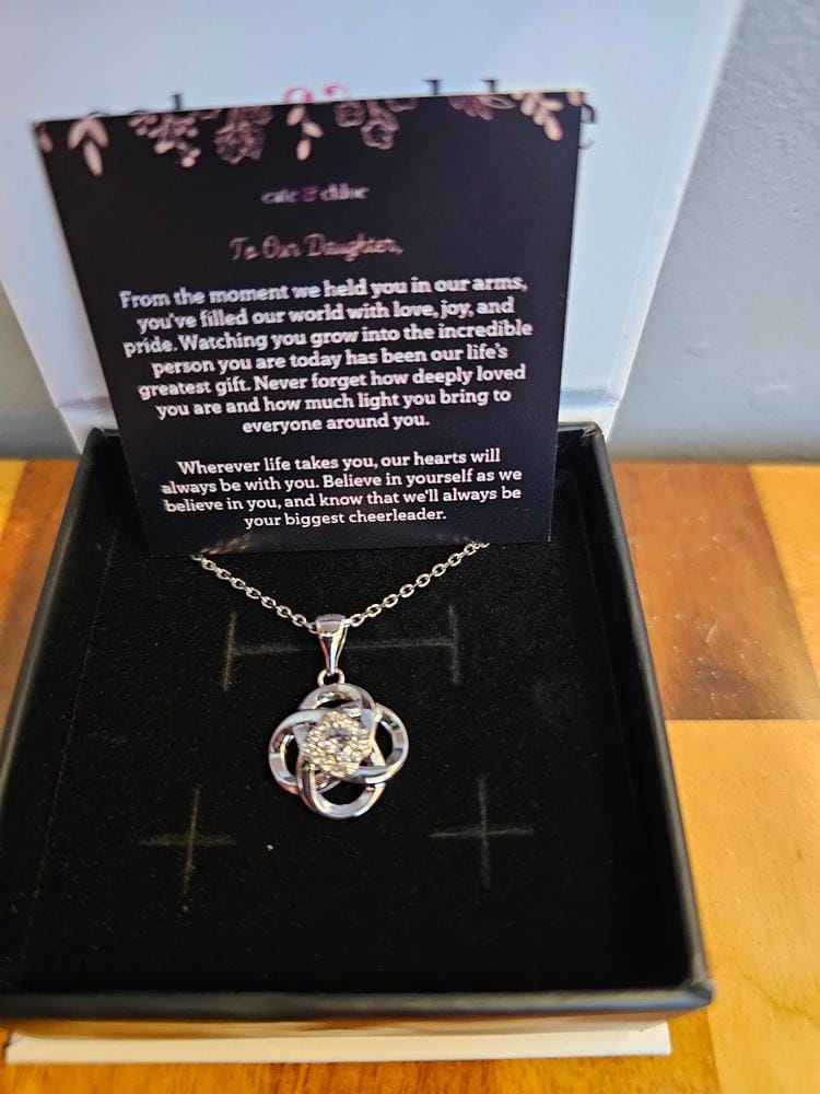 Customer photo review of Nyssa 18k White Gold Plated Flower Pendant Necklace with Swarovski Crystals & Heartfelt Message for Daughter