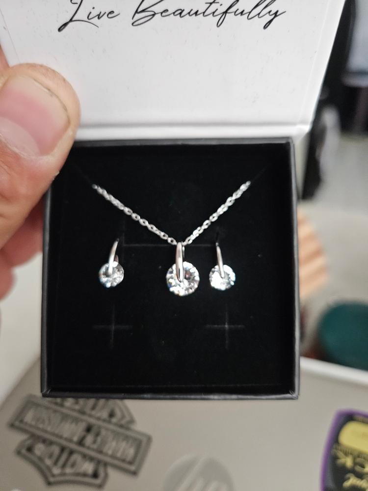 Customer photo review of McKayla 18k White Gold Plated Drop Earrings with Swarovski Crystals