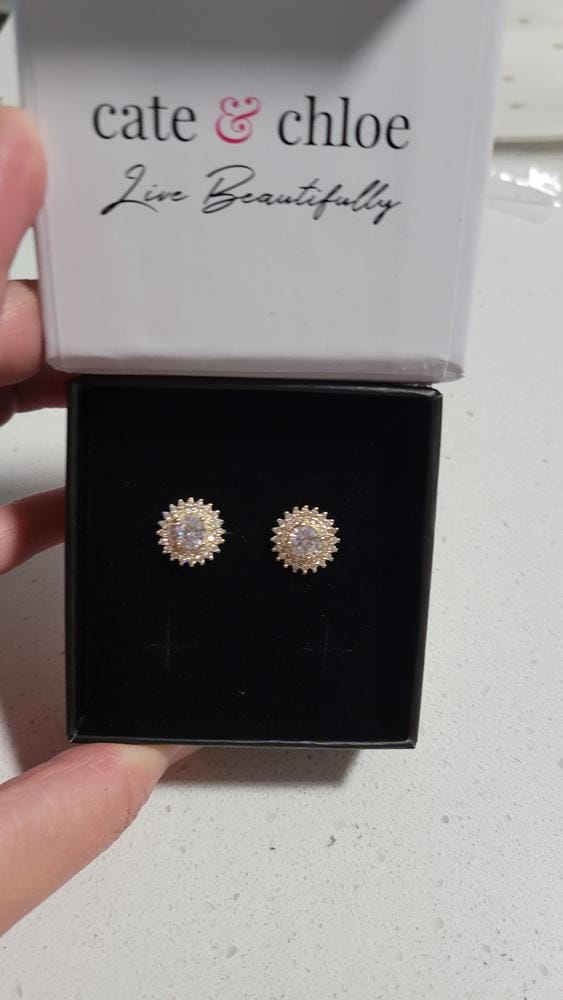 Customer photo review of Cordelia 18k White Gold Plated Stud Earrings with Round Cut Simulated Diamond Crystals - Final Sale