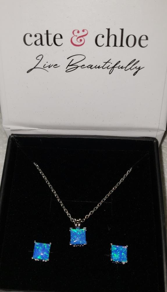 Customer photo review of Amphitrite 18k White Gold Plated Stud Earring and Necklace Set with Princess Cut Opal Stones
