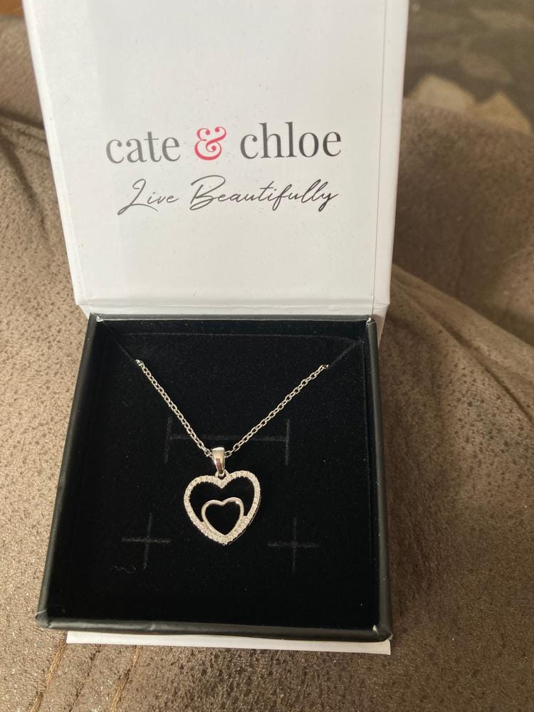 Customer photo review of Amorette 18k White Gold Plated Double Heart Pendant Necklace with Simulated Diamond Crystals & Heartfelt Message for Mom