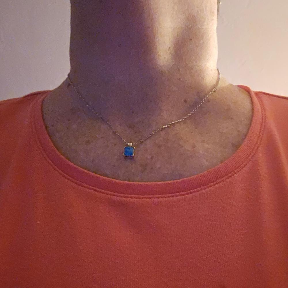 Customer photo review of Amphitrite 18k White Gold Plated Stud Earring and Necklace Set with Princess Cut Opal Stones