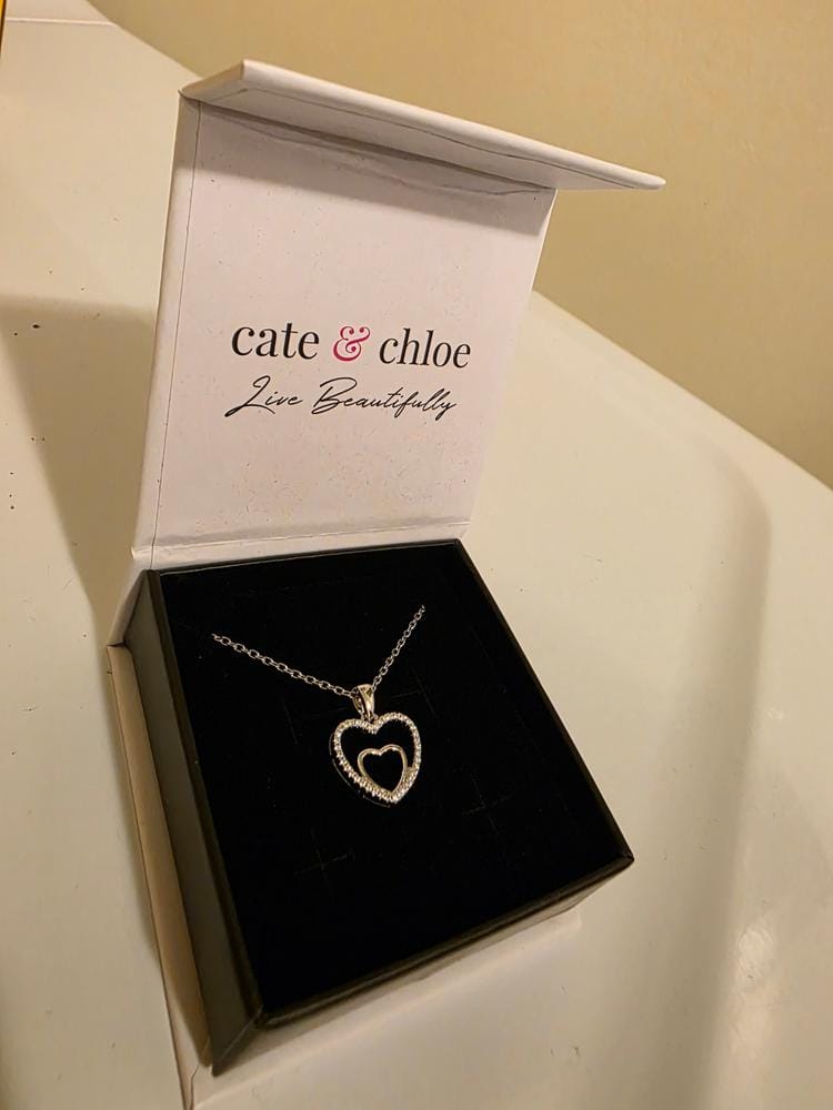 Customer photo review of Amorette 18k White Gold Plated Double Heart Pendant Necklace with Simulated Diamond Crystals & Heartfelt Message for Mom