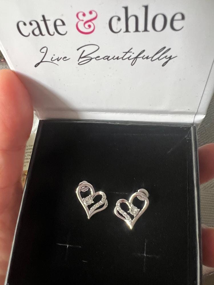 Customer photo review of Kara 18k White Gold Plated Silver Heart Stud Earrings with Swarovski Crystals