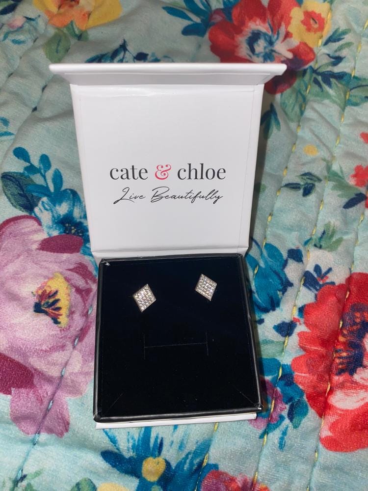Customer photo review of Lennon 18k White Gold Plated Diamond Shaped Stud Earrings with Swarovski Crystals