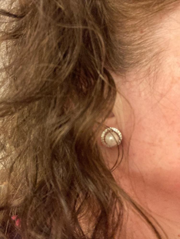 Customer photo review of Nina 18k White Gold Plated Pearl Halo Stud Earrings with Swarovski Crystals