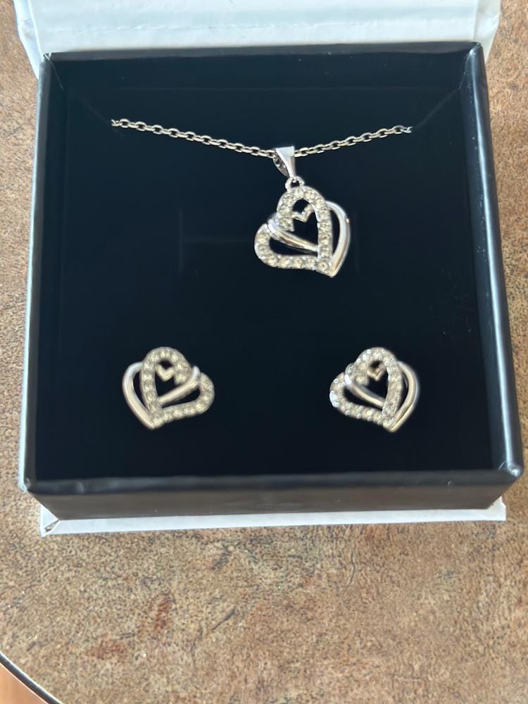 Customer photo review of Angela 18k White Gold Plated Double Heart Stud Earrings and Necklace Set with Swarovski Crystals