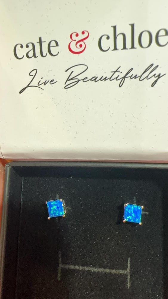 Customer photo review of Amphitrite 18k White Gold Plated Stud Earrings with Princess Cut Opal Stones