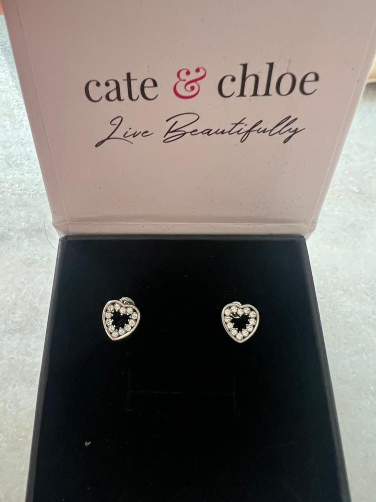Customer photo review of Ainsley 18k White Gold Plated Heart Earrings with Swarovski Crystals