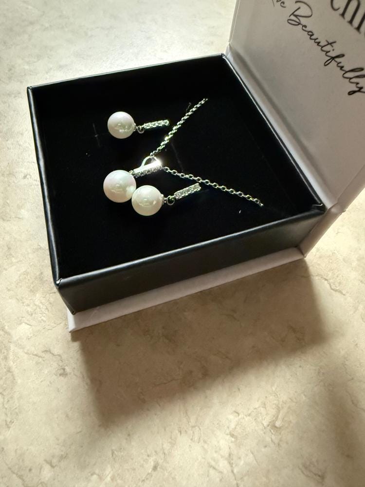 Customer photo review of Gabrielle 18k White Gold Plated Pearl Drop Earrings with Swarovski Crystals