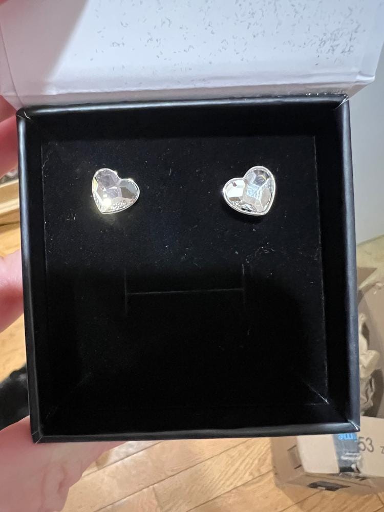 Customer photo review of Violet 18k White Gold Plated Heart Stud Earrings with Swarovski Crystals - Final Sale
