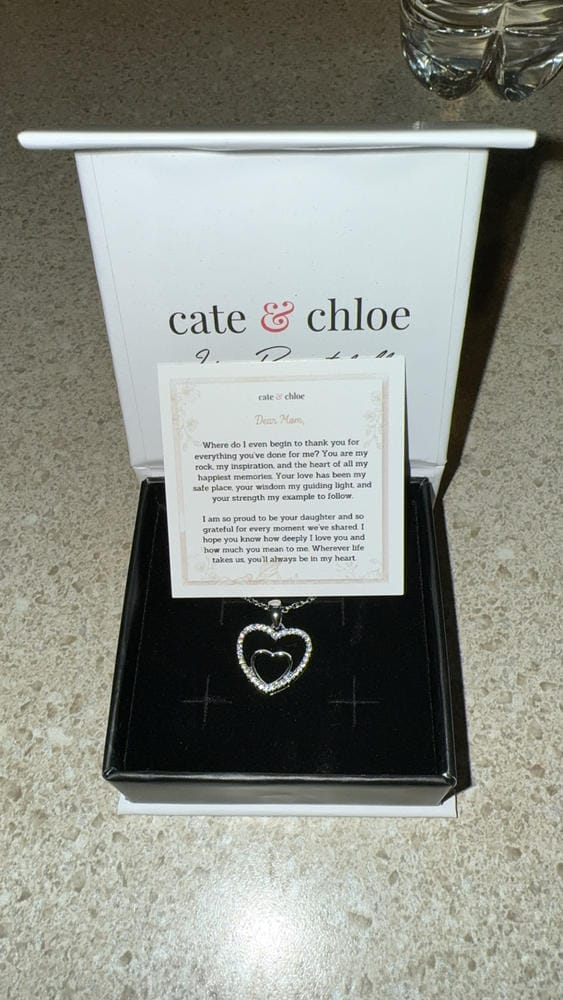 Customer photo review of Amorette 18k White Gold Plated Double Heart Pendant Necklace with Simulated Diamond Crystals & Heartfelt Message for Mom