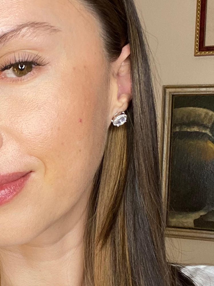 Customer photo review of Sophia 18k White Gold Plated Halo Stud Earrings with Round Cut Simulated Diamond Crystals