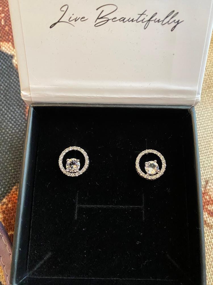 Customer photo review of Reign 18k White Gold Plated Halo Drop Stud Earrings with Swarovski Crystals