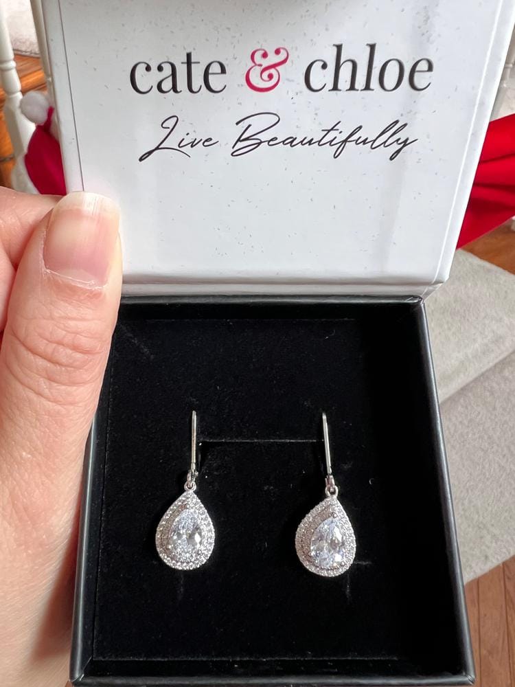 Customer photo review of Aurelia 18k White Gold Plated Tear Drop Earrings with Simulated Diamond Crystals