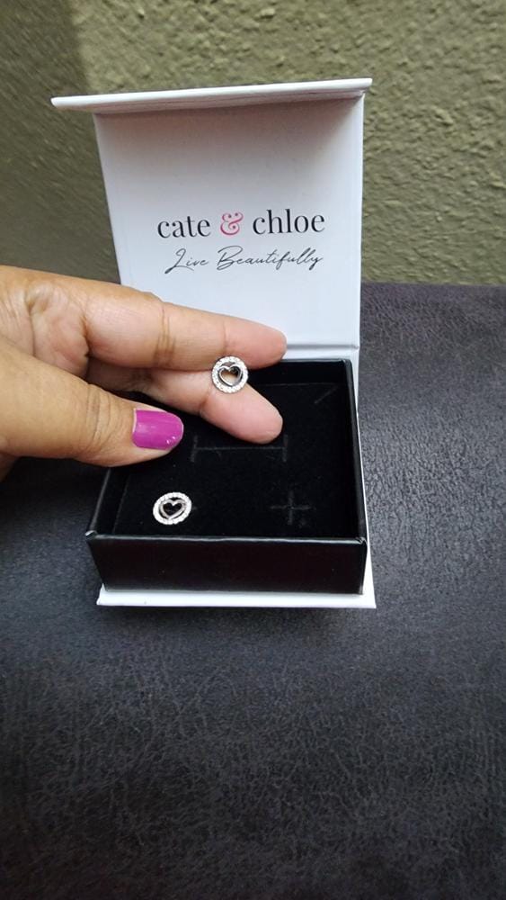 Customer photo review of Khaleesi 18k White Gold Plated Silver Heart Stud Earrings with Swarovski Crystals