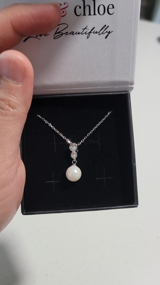 Customer photo review of Genevieve 18k White Gold Plated Pearl Pendant Necklace with Swarovski Crystals