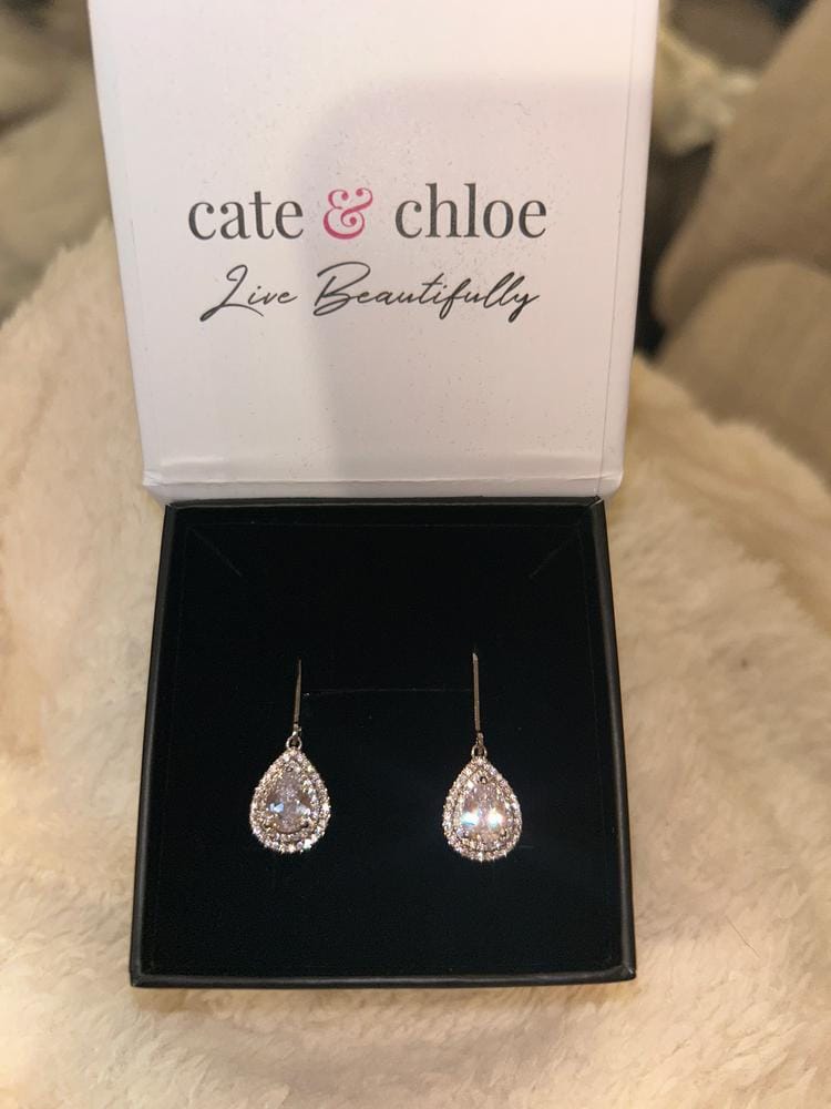 Customer photo review of Aurelia 18k White Gold Plated Tear Drop Earrings with Simulated Diamond Crystals