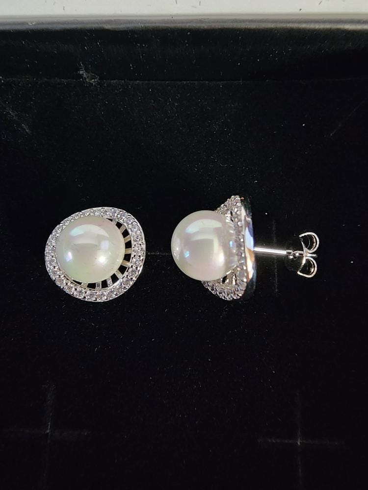 Customer photo review of Nina 18k White Gold Plated Pearl Halo Stud Earrings with Swarovski Crystals