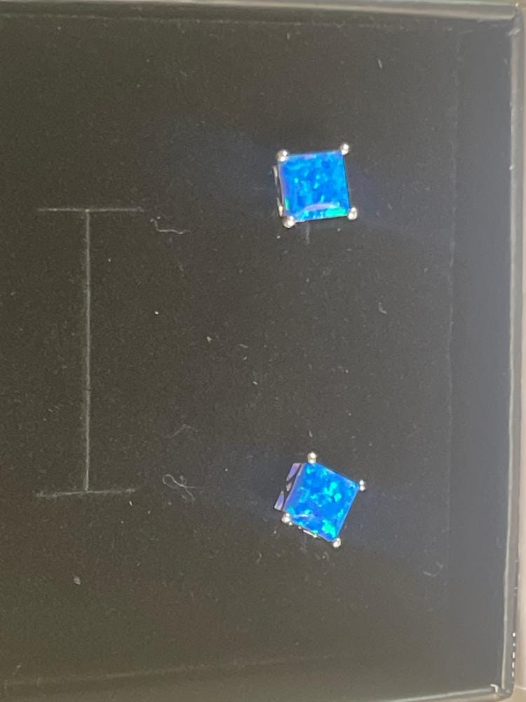 Customer photo review of Amphitrite 18k White Gold Plated Stud Earrings with Princess Cut Opal Stones