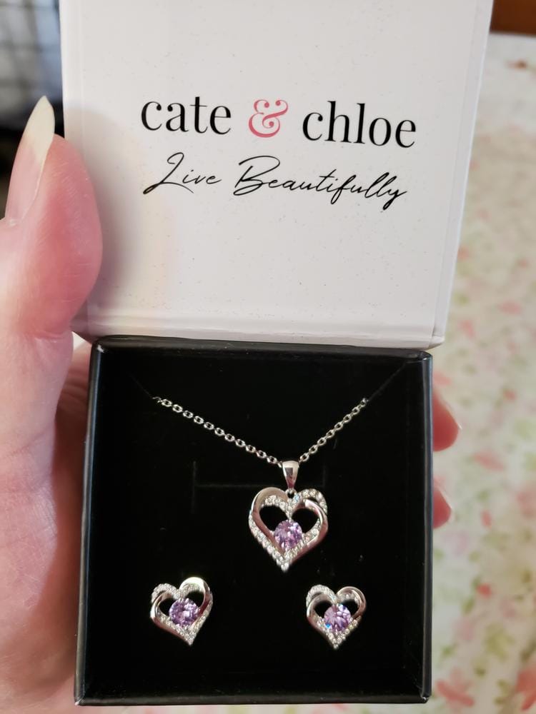 Customer photo review of Forever Birthstone 18k White Gold Plated Double Heart Necklace with Swarovski Crystals