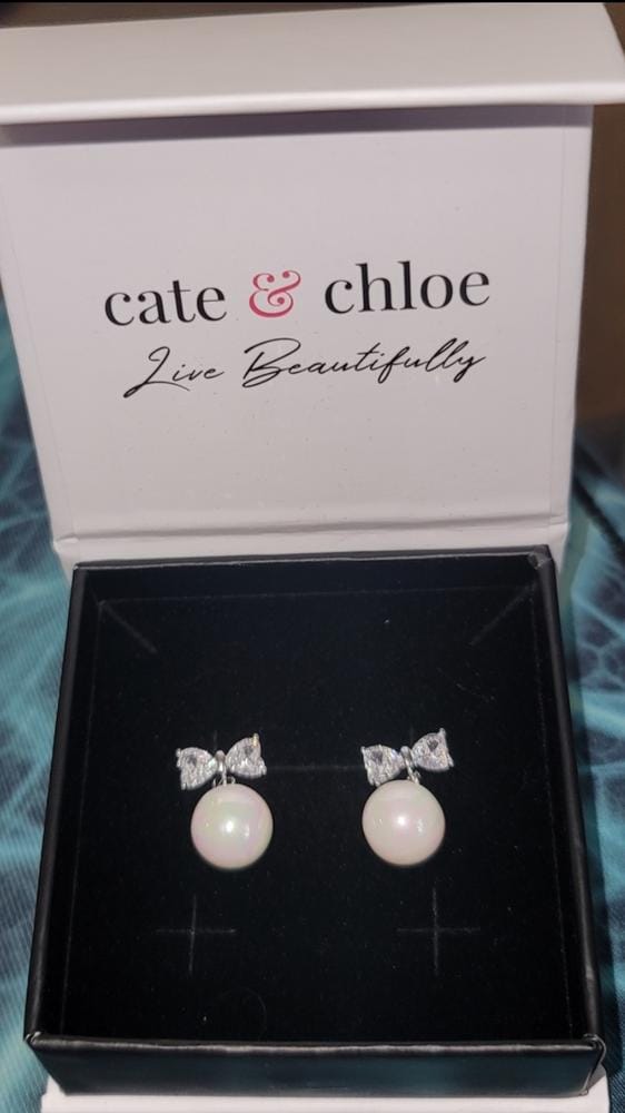 Customer photo review of Oakley 18k White Gold Plated Silver Drop Pearl Earrings with Swarovski Crystals