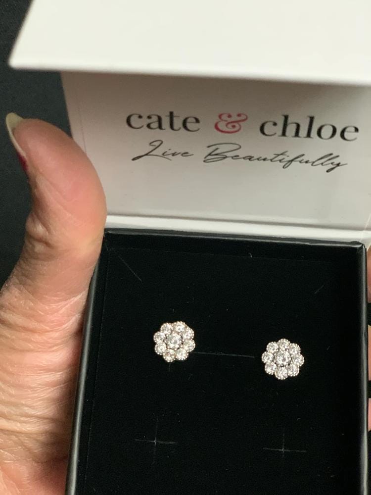 Customer photo review of Alyssa 18k White Gold Plated Flower Stud Earrings with Simulated Diamond Crystals