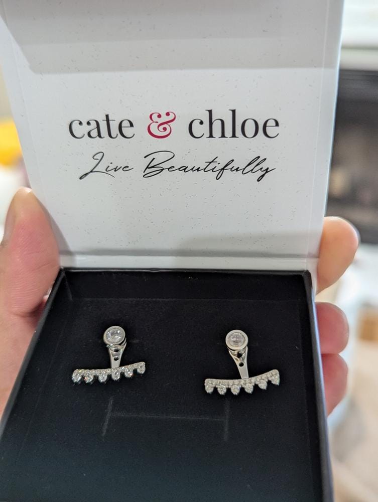 Customer photo review of Stephanie Sterling Silver Drop Stud Earrings with Simulated Diamond Crystals — Final Sale