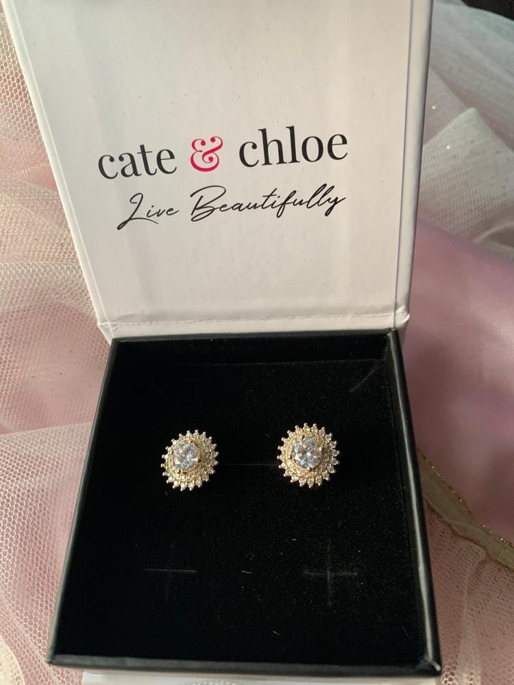 Customer photo review of Cordelia 18k White Gold Plated Stud Earrings with Round Cut Simulated Diamond Crystals - Final Sale