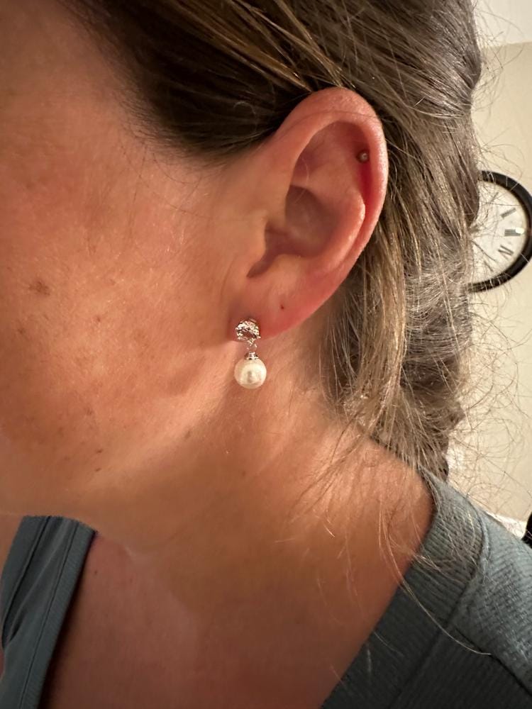 Customer photo review of Kyra 18k White Gold Plated Pearl Drop Earrings with Swarovski Crystals