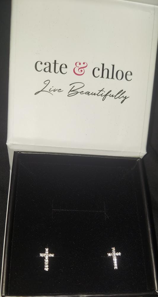 Customer photo review of Nayeli 18k White Gold Plated Silver Cross Stud Earrings with Swarovski Crystals
