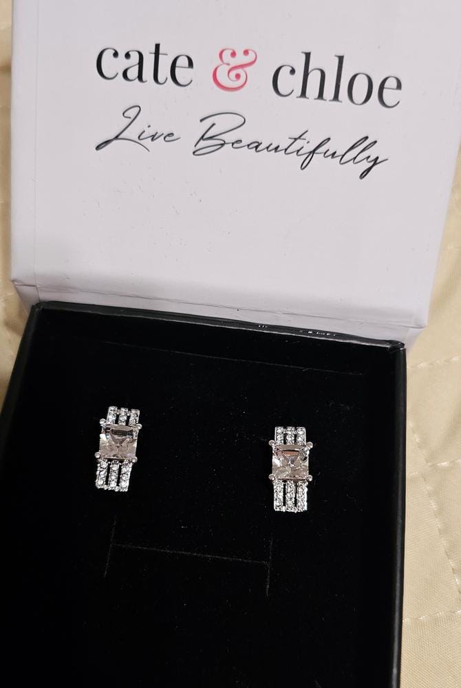 Customer photo review of Fiona 18k White Gold Stud Plated Earrings with Princess Cut Swarovski Crystals
