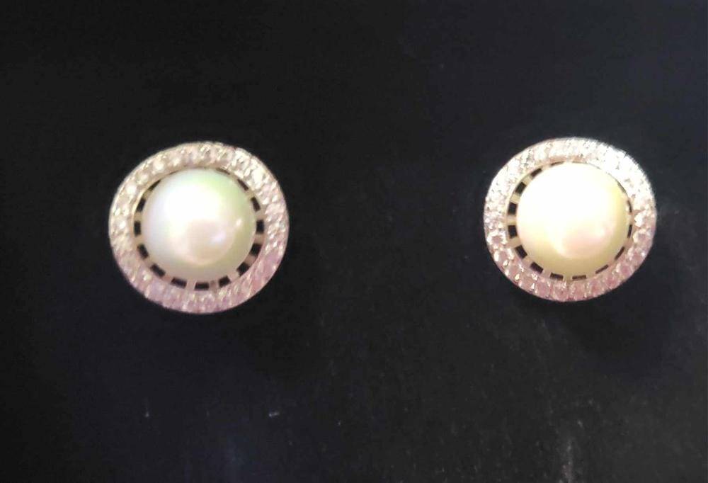 Customer photo review of Nina 18k White Gold Plated Pearl Halo Stud Earrings with Swarovski Crystals