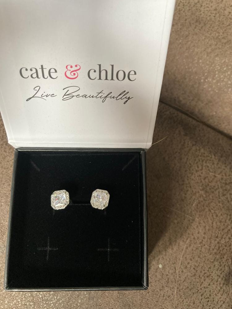 Customer photo review of Estelle 18k White Gold Plated Halo Stud Earrings with Simulated Diamond Crystals