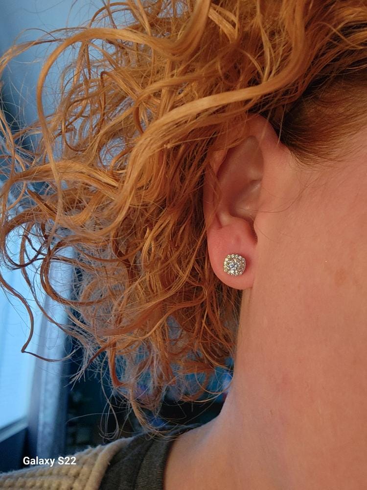 Customer photo review of Moissanite by Cate & Chloe Hannah 18k Gold Plated 925 Sterling Silver Stud Earrings 1.16tcw