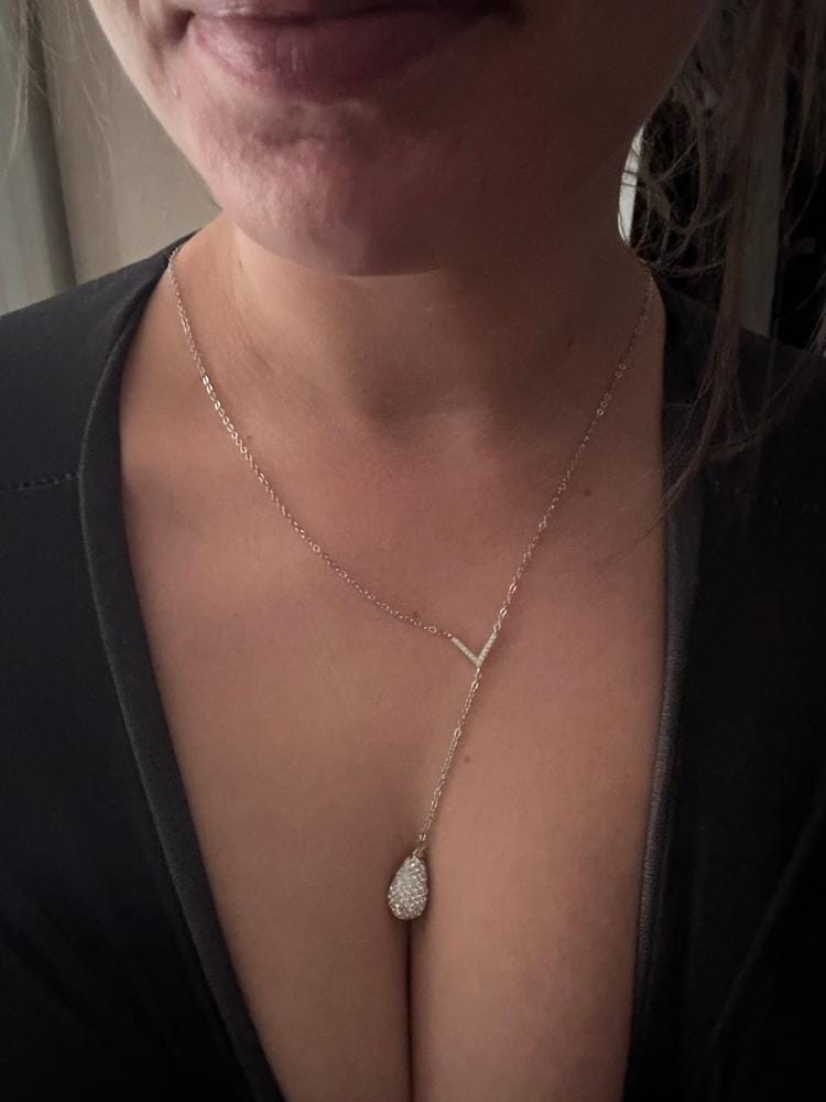 Customer photo review of Ava 18k White Gold Plated Tear drop Y-Necklace with Simulated Diamond Crystals - Final Sale