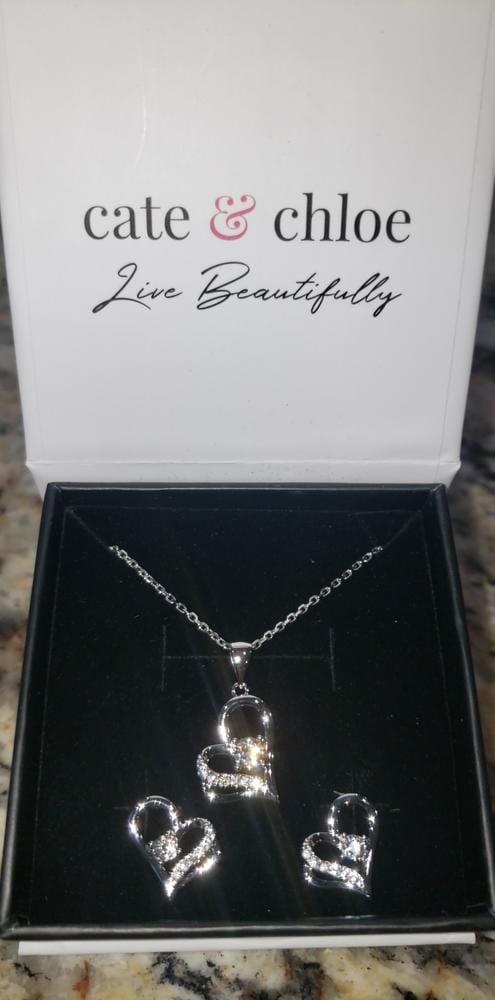 Customer photo review of Kara 18k White Gold Plated Silver Heart Necklace and Earring Set with Swarovski Crystals