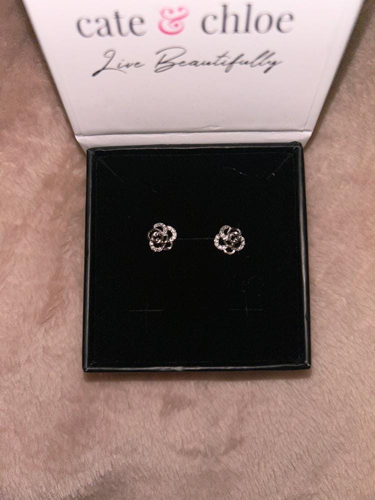 Customer photo review of Briella 18k White Gold Plated Silver Flower Stud Earrings with Swarovski Crystals