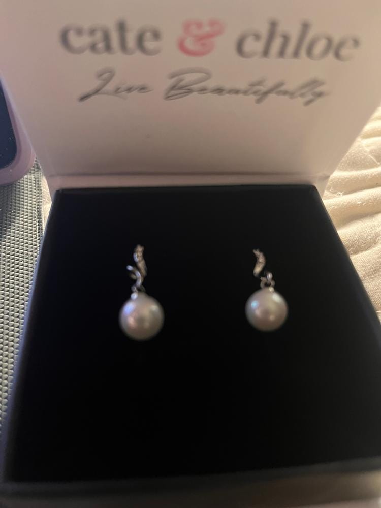 Customer photo review of Ophelia 18k White Gold Plated Dangle Pearl Earrings with Swarovski Crystals