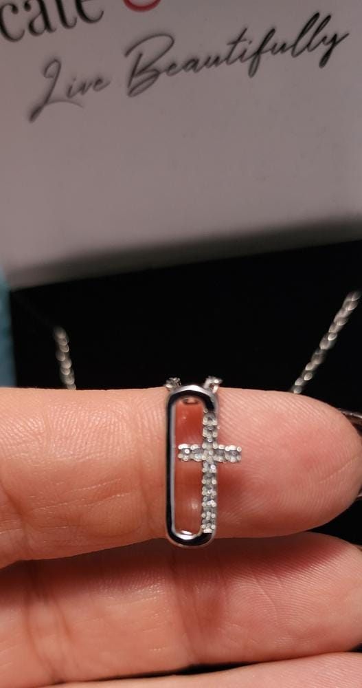 Customer photo review of Lona 18k White Gold Plated Silver Cross Necklace with Swarovski Crystals