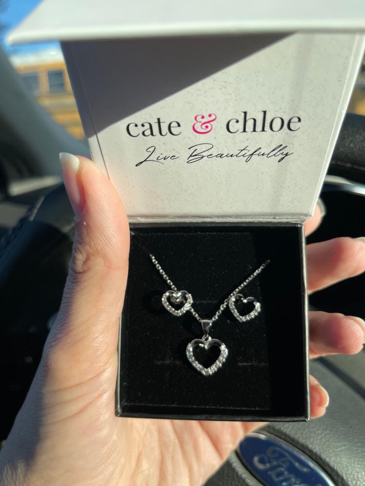 Customer photo review of Chelsea 18k White Gold Plated Silver Heart Necklace and Earring Set with Swarovski Crystals